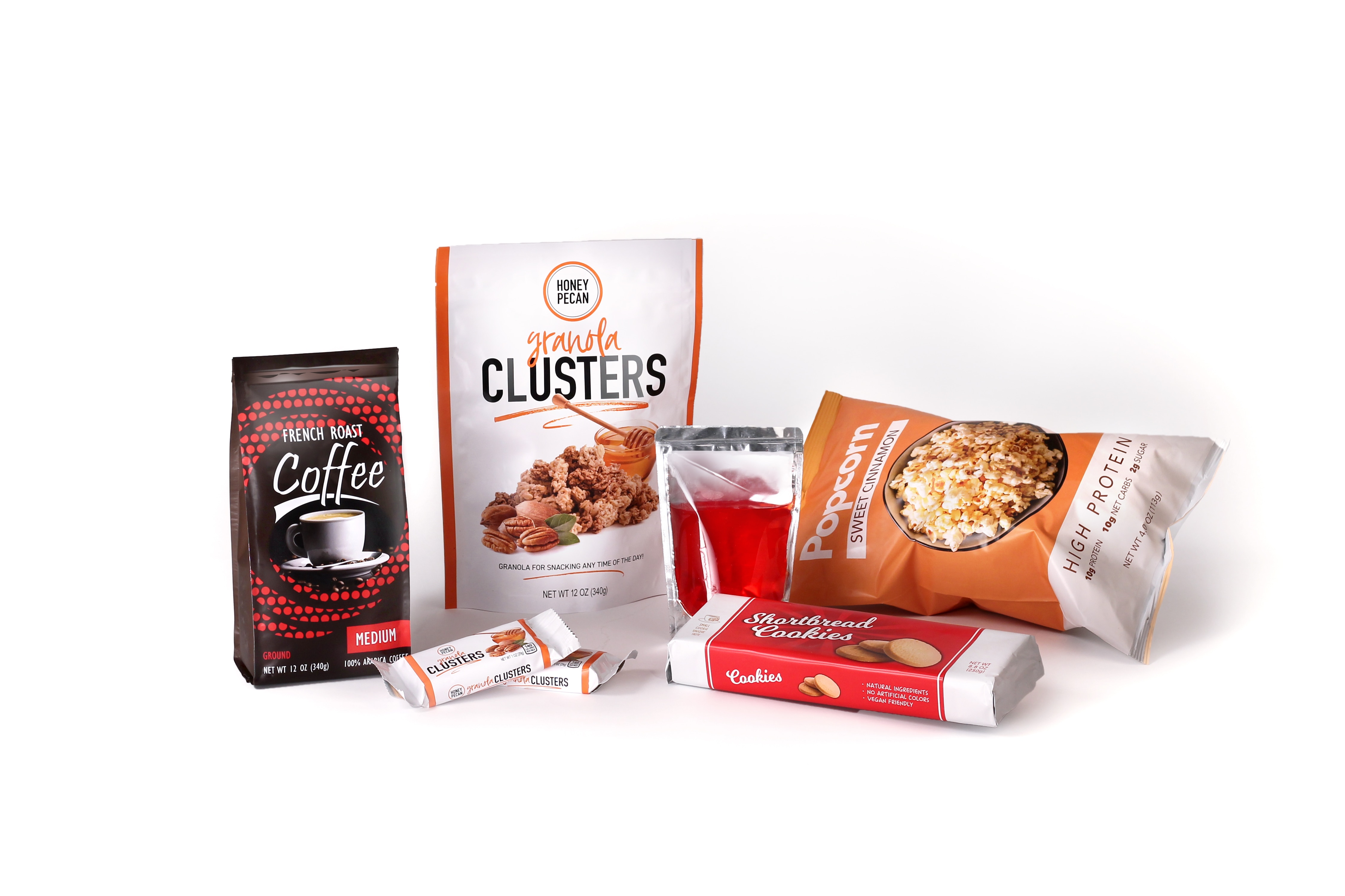 Flexible packaging products including coffee and granola